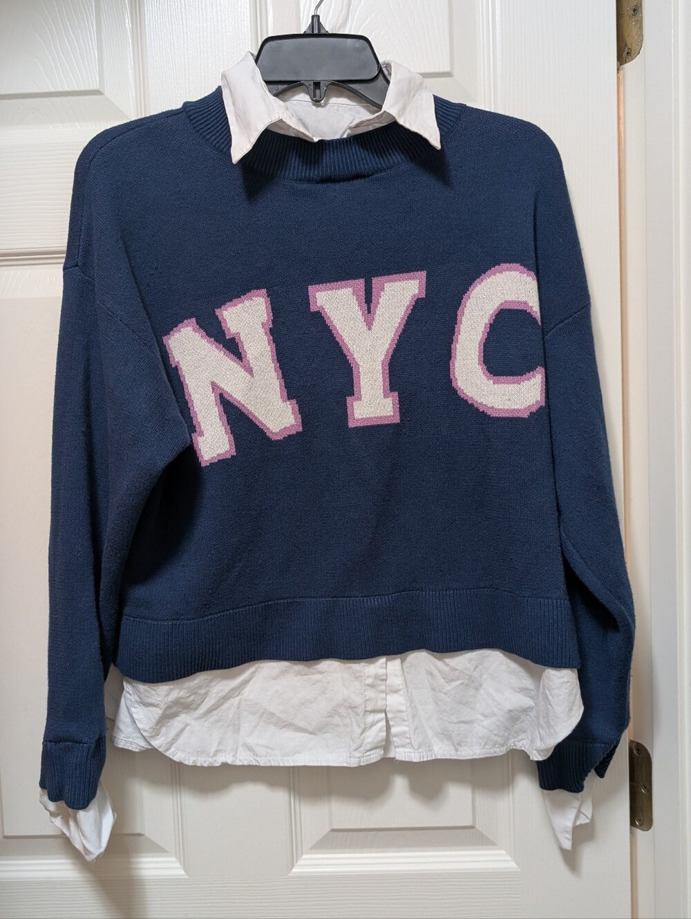 Maeve Anthropologie Graphic Twofer Sweater NYC Blue Oversized XXS